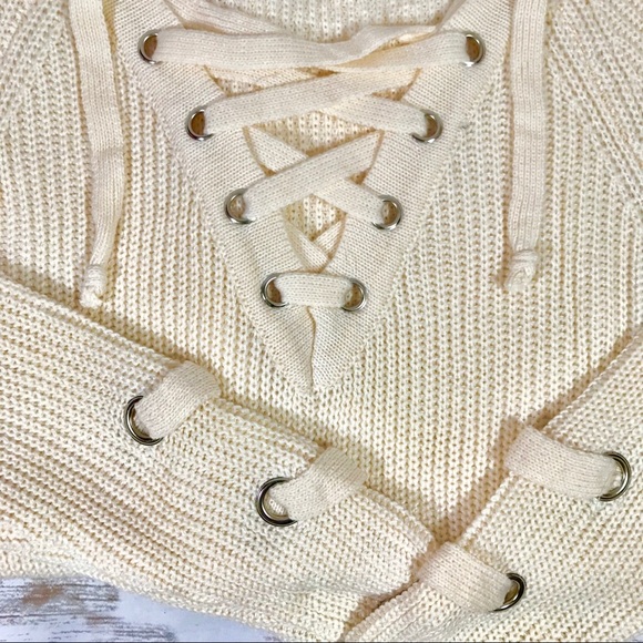 Oatmeal Lace Up Neckline Sweater - Picture 6 of 6